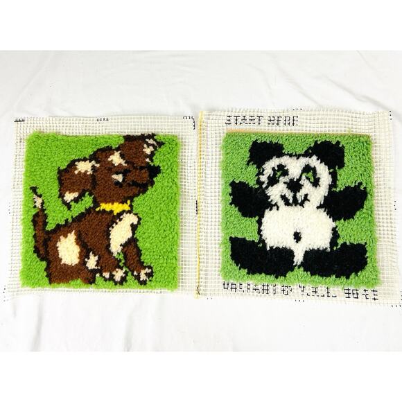 Vtg Completed 12” Latch Hook Rugs / Wall Hangings Dog Bear Set of 2 - Picture 1 of 5